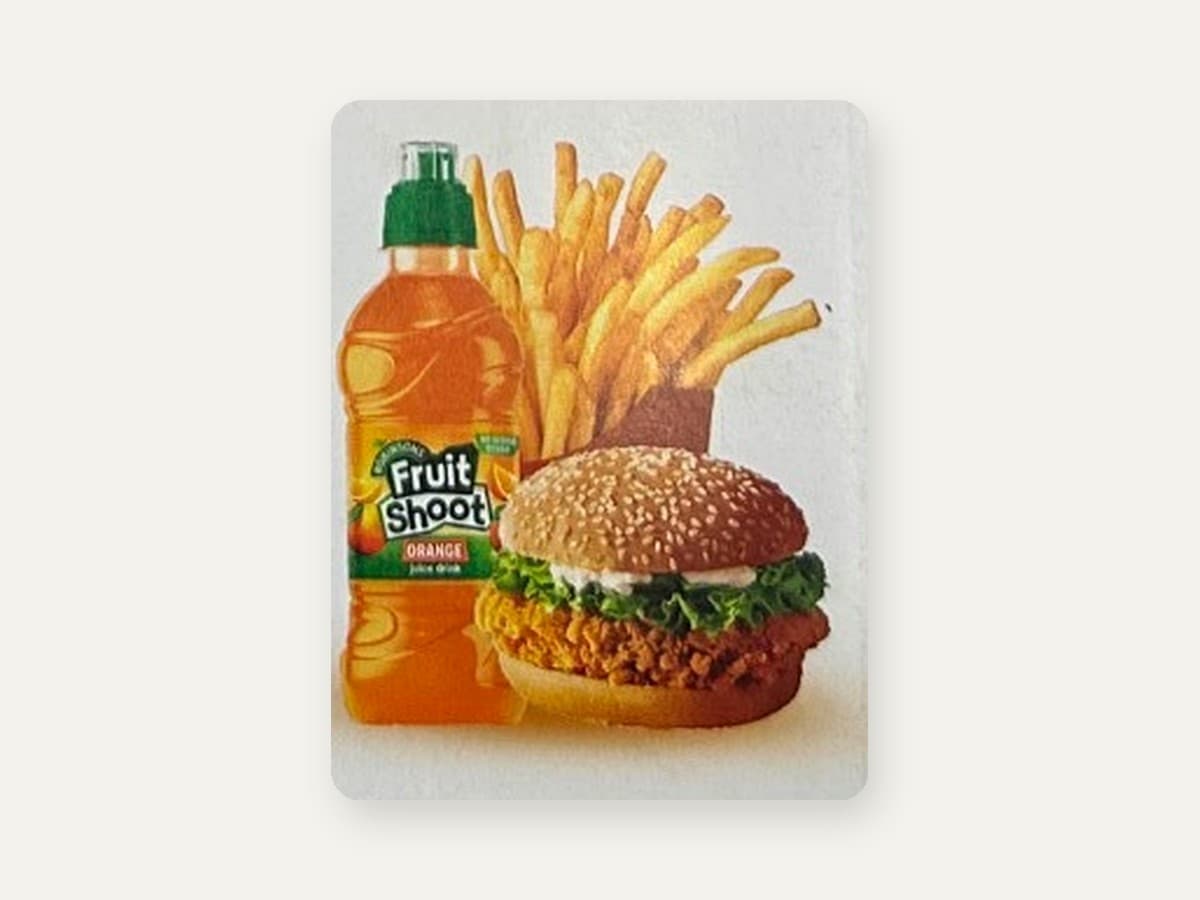 Kids burger meal with fries and fruit drink