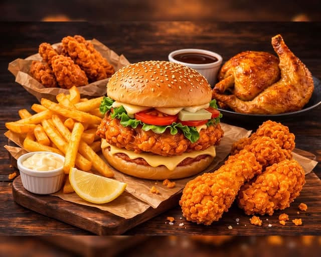 A Mug & Burger feast with burgers, wraps, fried chicken and sides
